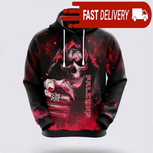 Atlanta Falcons Skeleton Skull Pointing Halloween NFL Hoodie Gifts for Fans - available at - sportfansshop.com