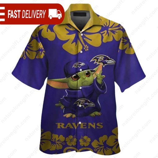 Baby Yoda Hibiscus Baltimore Ravens Hawaiian Shirt NFL Gifts - available at - sportfansshop.com