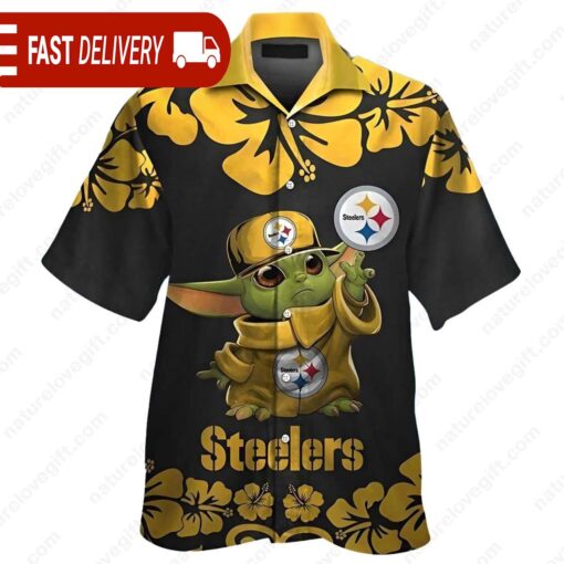 Baby Yoda Hibiscus Pittsburgh Steelers Hawaiian Shirt NFL Gifts - available at - sportfansshop.com