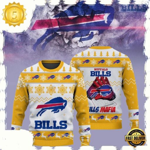 Buffalo Bills Bills Mafia NFL Yellow White Christmas Ugly Sweater - available at - sportfansshop.com