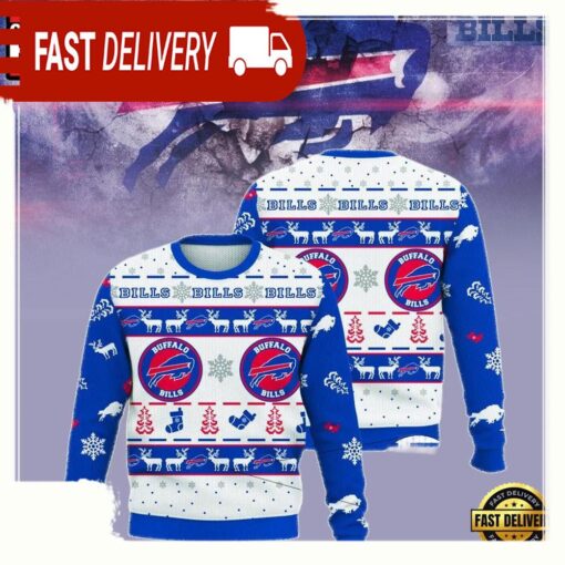 Buffalo Bills Snowflake Christmas Tree Stockings Pattern Blue NFL Christmas Ugly Sweater - available at - sportfansshop.com