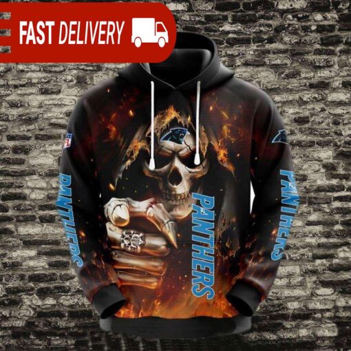 Carolina Panthers Skeleton Skull Pointing Halloween NFL Hoodie Gifts for Fans - available at - sportfansshop.com