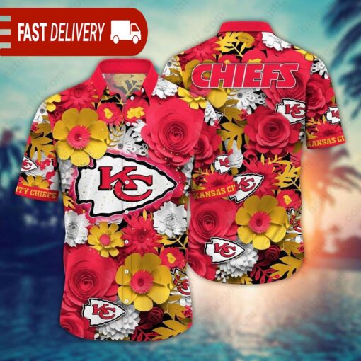 Chiefs NFL Hawaiian Shirt Kansas City Flower Tropical Button Down Shirts - available at - sportfansshop.com