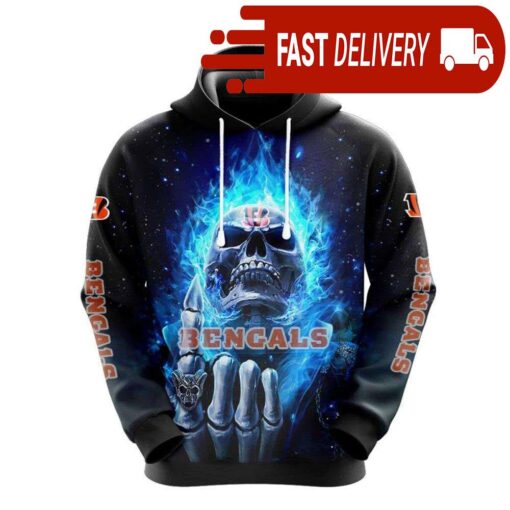 Cincinnati Bengals Blue Flaming Skull Halloween NFL Hoodie Gifts for Fans - available at - sportfansshop.com