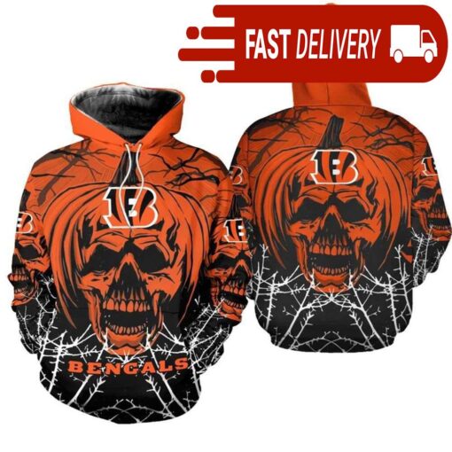 Cincinnati Bengals Pumpkin Skull 3D Halloween Hoodie Best NFL Gifts for Fans - available at - sportfansshop.com