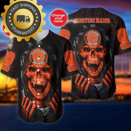 Cleveland Browns Custom NFL Jersey Skull Personalized Baseball Jersey - available at - sportfansshop.com