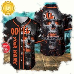 Custom Name And Number Cincinnati Bengals NFL Team Skull Baseball Jersey Shirt - available at - sportfansshop.com