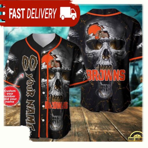 Custom Name And Number Cleveland Browns NFL Team Skull Baseball Jersey Shirt - available at - sportfansshop.com