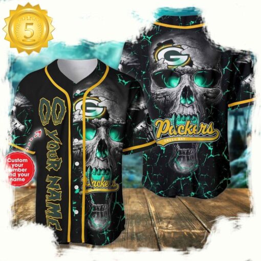 Custom Name And Number Green Bay Packers NFL Team Skull Baseball Jersey Shirt - available at - sportfansshop.com