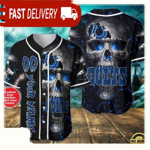 Custom Name And Number Indianapolis Colts NFL Team Skull Baseball Jersey Shirt - available at - sportfansshop.com