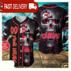 Custom Name And Number Kansas City Chiefs NFL Team Skull Baseball Jersey Shirt - available at - sportfansshop.com