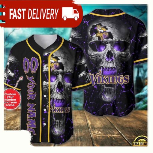 Custom Name And Number Minnesota Vikings NFL Team Skull Baseball Jersey Shirt - available at - sportfansshop.com