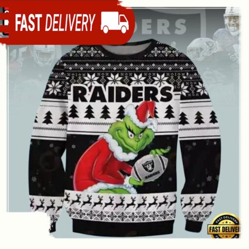 Las Vegas Raiders NFL Grinch Knitted Black White Color Ugly Christmas Sweater - available at - sportfansshop.com