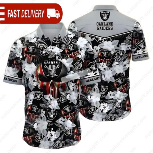 Las Vegas Raiders Skull Flowers Tropical NFL Hawaiian Shirt - available at - sportfansshop.com