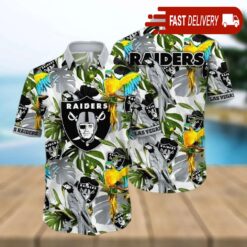 Las Vegas Raiders Tropical Leaves Parrot NFL Hawaiian Shirt - available at - sportfansshop.com