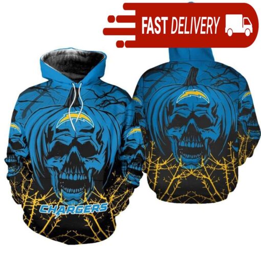 Los Angeles Chargers Pumpkin Skull 3D Halloween Hoodie Best NFL Gifts for Fans - available at - sportfansshop.com