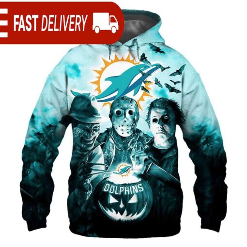 Miami Dolphins Horror Night Freddy Jason Michael Myers Hoodie Halloween NFL Gifts - available at - sportfansshop.com