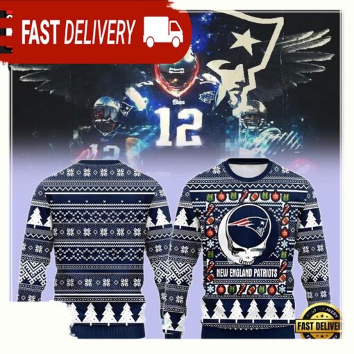 New England Patriots Grateful Dead Blue Christmas Ugly Sweater - available at - sportfansshop.com