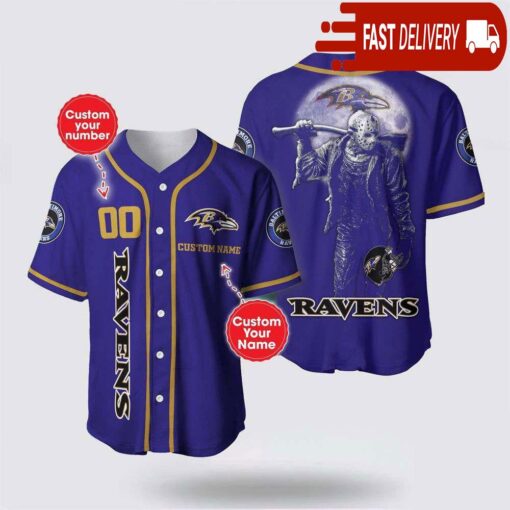 NFL Baltimore Ravens Jason Voorhees Custom Name Baseball Jersey 3D Horror Shirt - available at - sportfansshop.com