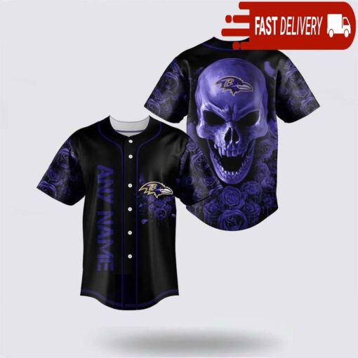 NFL Baltimore Ravens Skull Flower 3D Baseball Jersey Football Gift - available at - sportfansshop.com