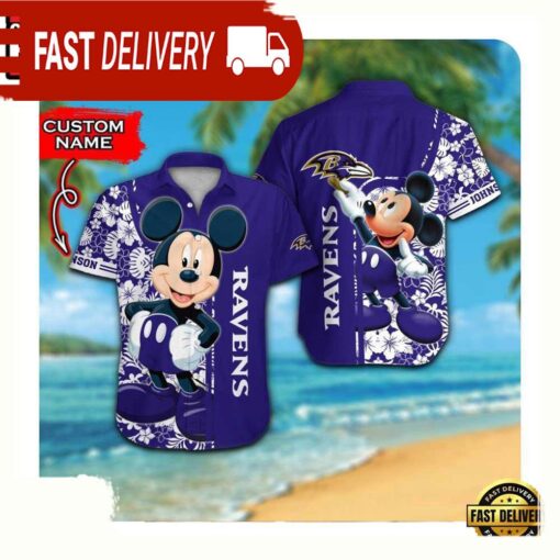 NFL Baltimore Ravens x Mickey Mouse Custom Name Summer Hawaii Shirt For Men Women - available at - sportfansshop.com