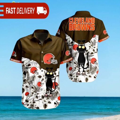 NFL Cleveland Browns Black Cat Hibiscus Hawaiian Shirt - available at - sportfansshop.com