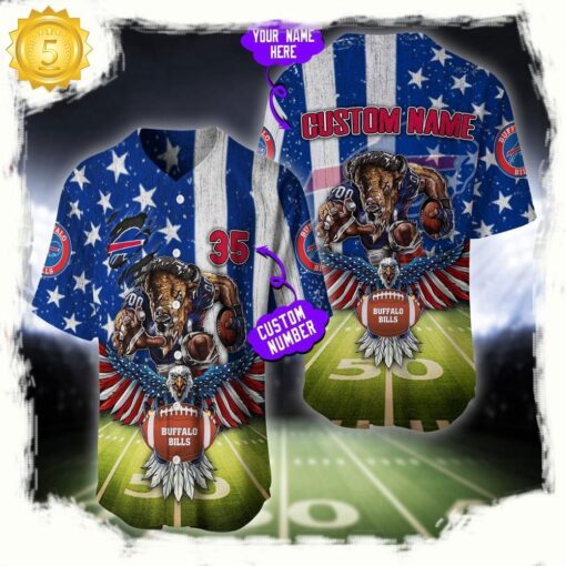 NFL Custom Name And Number Buffalo Bills Mascot US Flag Baseball Jersey Shirt - available at - sportfansshop.com