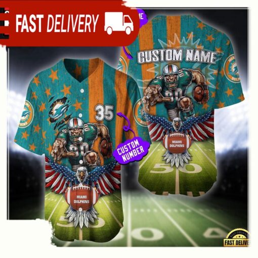 NFL Custom Name And Number Miami Dolphins Mascot US Flag Baseball Jersey Shirt - available at - sportfansshop.com