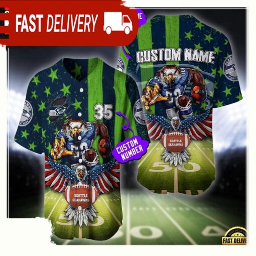 NFL Custom Name And Number Seattle Seahawks Mascot US Flag Baseball Jersey Shirt - available at - sportfansshop.com