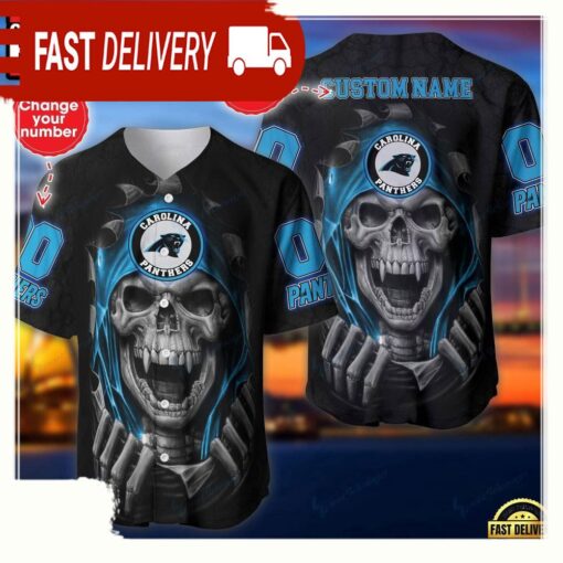 NFL Custom Name And Number Team Carolina Panthers Skull Pattern Baseball Jersey Shirt - available at - sportfansshop.com