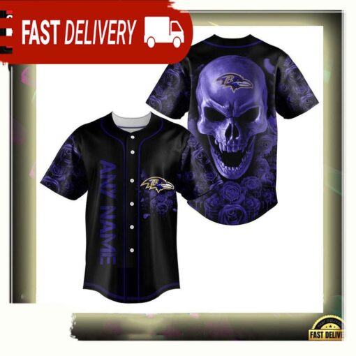 NFL Custom Name Baltimore Ravens Football Skull Baseball Jersey Shirt - available at - sportfansshop.com