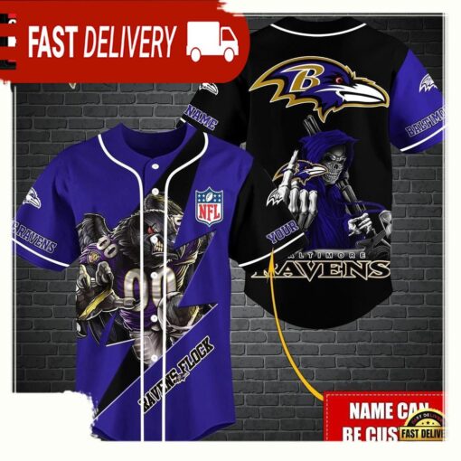 NFL Custom Name Baltimore Ravens Mascot And Skull New Design Baseball Jersey - available at - sportfansshop.com