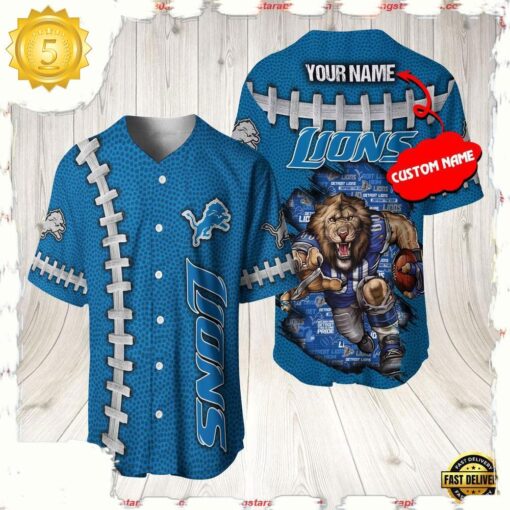 NFL Custom Name Detroit Lions Mascot Baseball Jersey Shirt - available at - sportfansshop.com