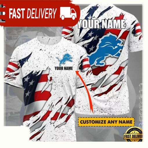 NFL Custom Name Detroit Lions US Flag All Over Print T Shirt - available at - sportfansshop.com