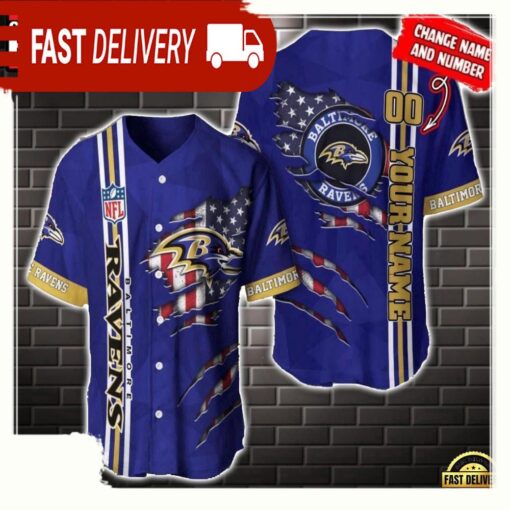 NFL Custom Name Number Baltimore Ravens America Flag New Design Baseball Jersey Shirt Gift For Fans - available at - sportfansshop.com