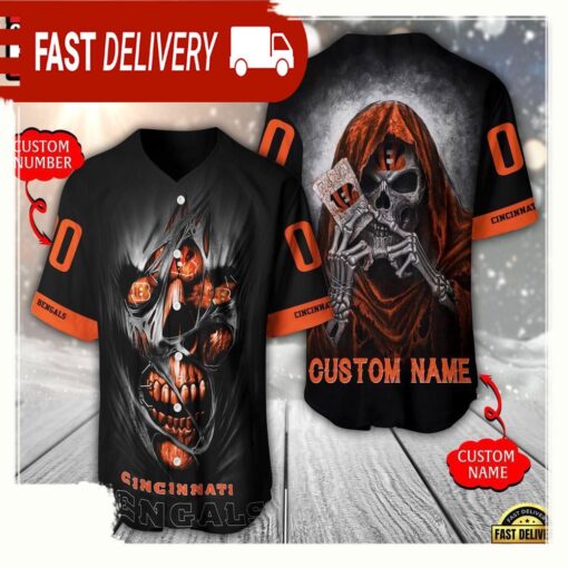 NFL Custom Name Number Cincinnati Bengals Team Skull Death Baseball Jersey Shirt - available at - sportfansshop.com