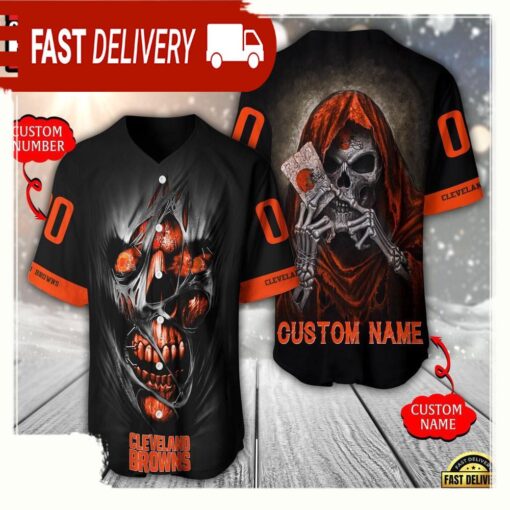 NFL Custom Name Number Cleveland Browns Team Skull Death Baseball Jersey Shirt - available at - sportfansshop.com