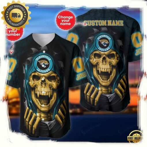 NFL Custom Name Number Jacksonville Jaguars Skull Baseball Jersey Shirt - available at - sportfansshop.com