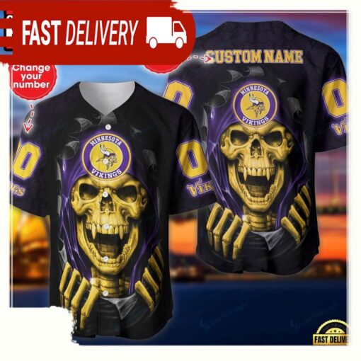 NFL Custom Name Number Minnesota Vikings Skull Baseball Jersey Shirt - available at - sportfansshop.com