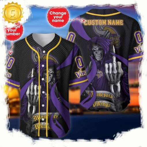 NFL Custom Name Number Minnesota Vikings Skull Death Baseball Jersey Shirt - available at - sportfansshop.com