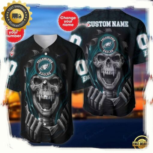 NFL Custom Name Number Philadelphia Eagles Skull Baseball Jersey Shirt - available at - sportfansshop.com