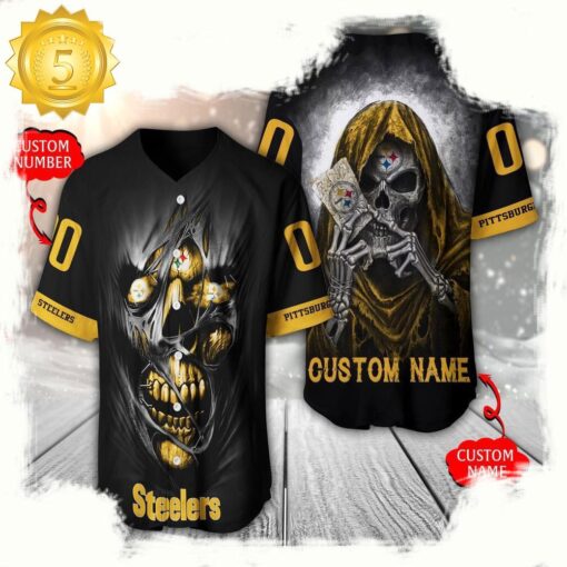 NFL Custom Name Number Pittsburgh Steelers Team Skull Death Baseball Jersey Shirt - available at - sportfansshop.com