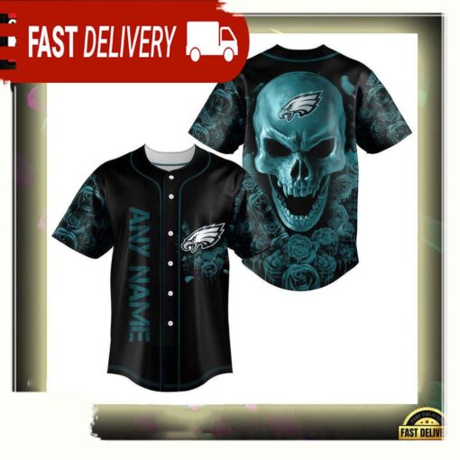 NFL Custom Name Philadelphia Eagles Football Skull Baseball Jersey Shirt - available at - sportfansshop.com