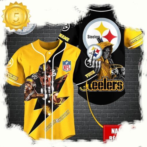 NFL Custom Name Pittsburgh Steelers Mascot And Skull New Design Baseball Jersey - available at - sportfansshop.com