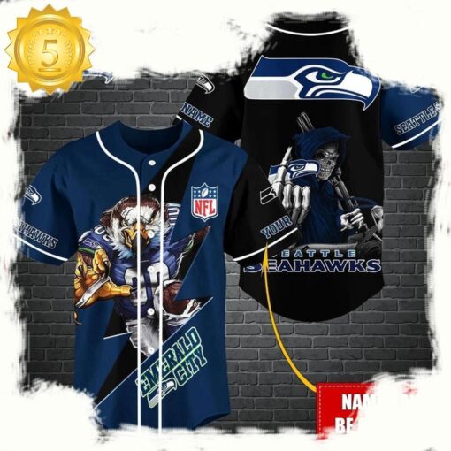 NFL Custom Name Seattle Seahawks Mascot And Skull New Design Baseball Jersey - available at - sportfansshop.com