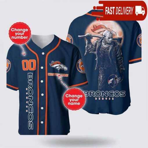 NFL Denver Broncos Jason Voorhees Custom Name Baseball Jersey 3D Horror Shirt - available at - sportfansshop.com