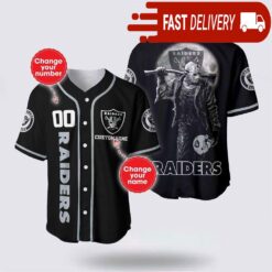 NFL Las Vegas Raiders Jason Voorhees Custom Name Baseball Jersey 3D Horror Shirt - available at - sportfansshop.com