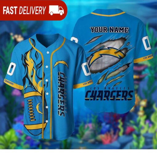 NFL Los Angeles Chargers Scratch Custom Name Blue Baseball Jersey - available at - sportfansshop.com