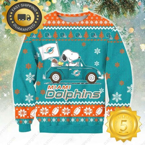 NFL Miami Dolphins Snoopy Peanuts Ugly Christmas Sweater - available at - sportfansshop.com