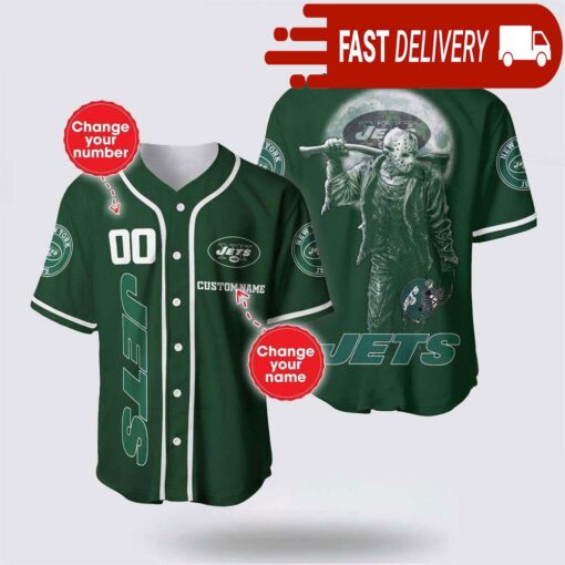 NFL New York Jets Jason Voorhees Custom Name Baseball Jersey 3D Horror Shirt - available at - sportfansshop.com